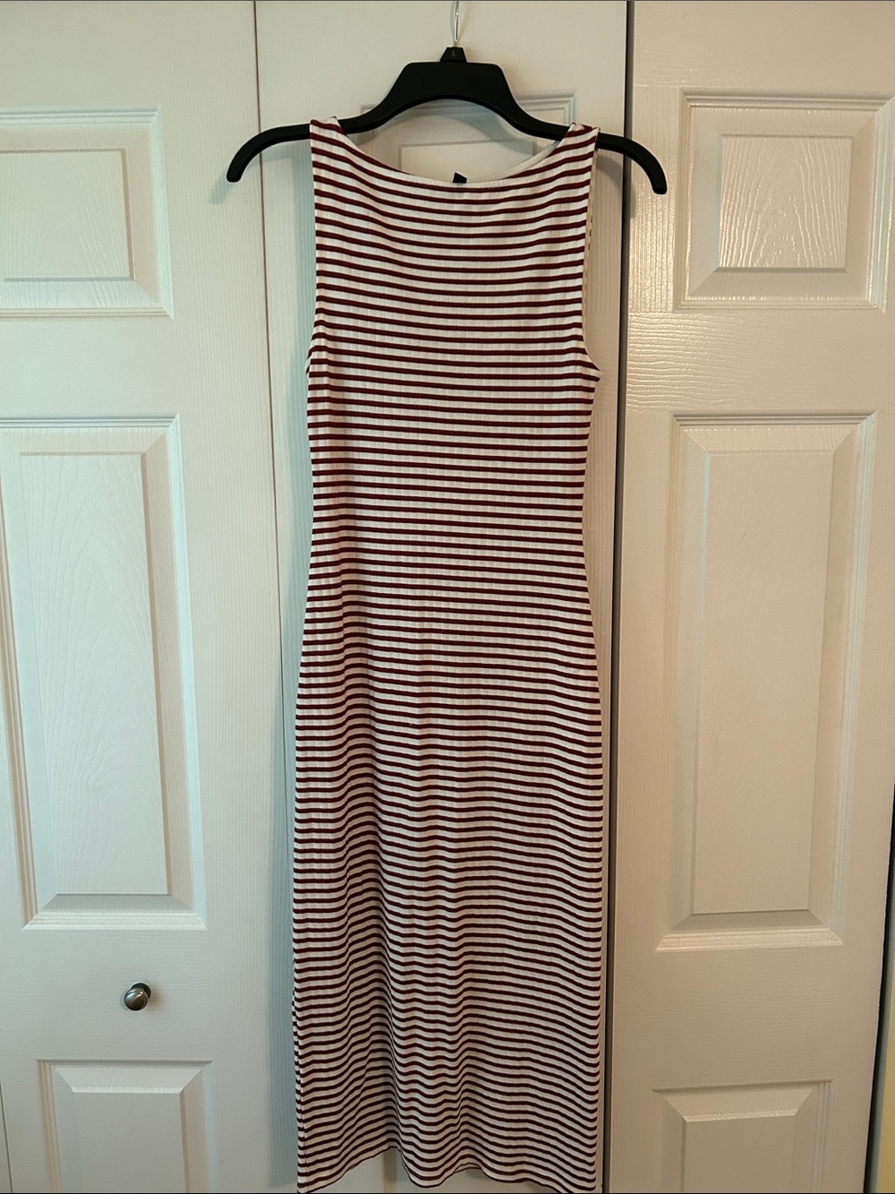 H&M Red and White Striped Boat Neck Midi Dress
